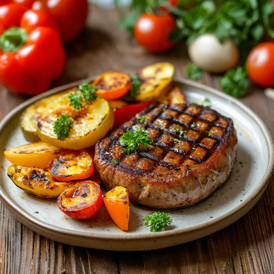 Свиные стейки на гриле с овощами